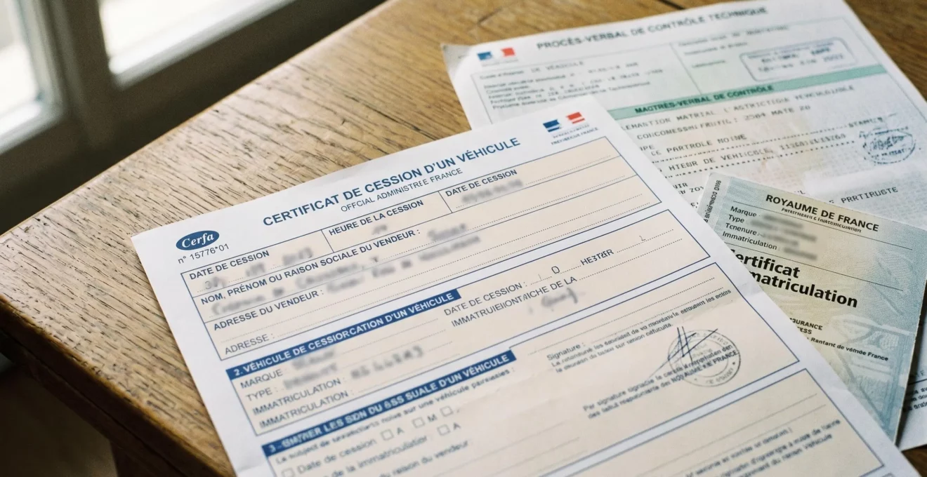 Documents administratifs automobiles français officiels (certificat de cession, carte grise, rapport de contrôle technique) étalés sur une table en bois, lumière naturelle douce