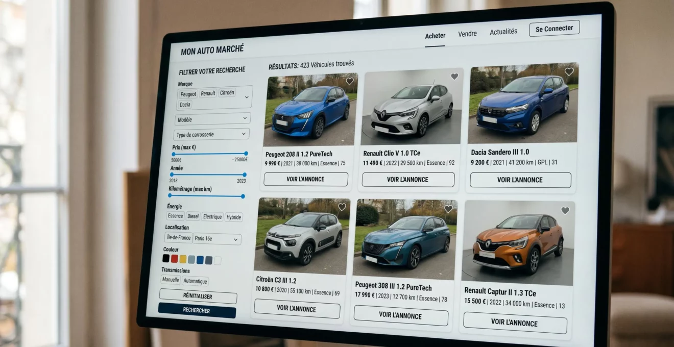 Écran d'ordinateur affichant une interface de recherche de voitures d'occasion avec filtres avancés et résultats multiples de véhicules en grille