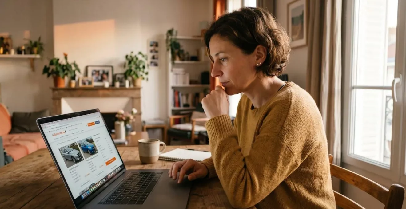 Personne consultant des annonces de voitures d'occasion sur un ordinateur portable dans un salon domestique français, lumière naturelle, ambiance concentrée