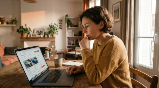 Personne consultant des annonces de voitures d'occasion sur un ordinateur portable dans un salon domestique français, lumière naturelle, ambiance concentrée