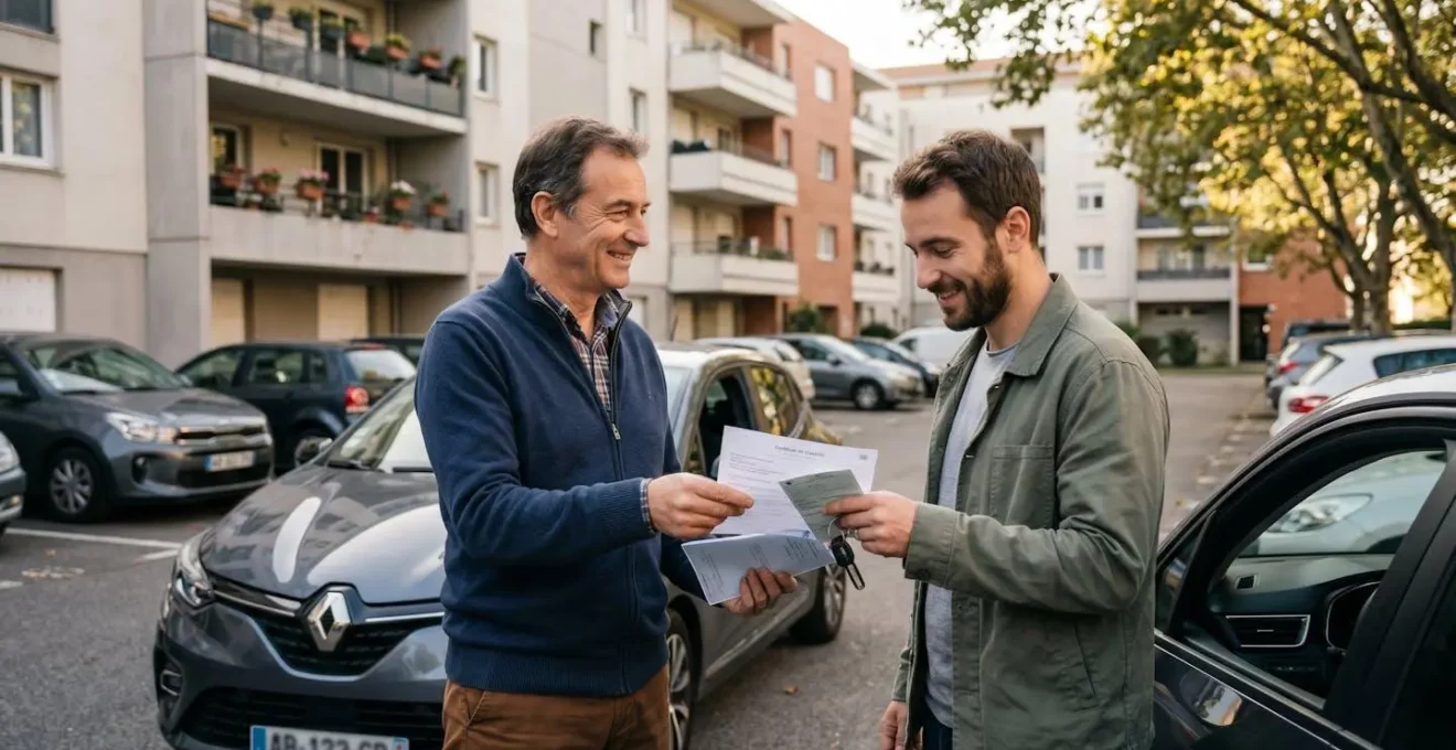 Deux personnes échangeant des documents administratifs automobiles et des clés de voiture lors d'une transaction de vente dans un parking résidentiel français